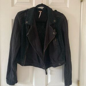Free People Black Lace Cropped Moto Jacket, size M, 100% Cotton